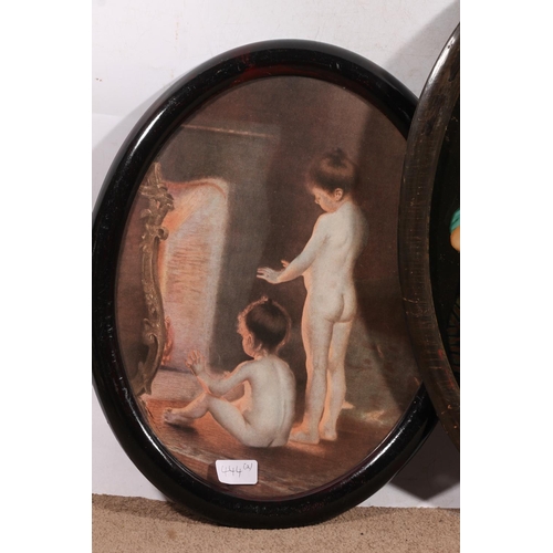 444 - Portrait of a girl sewing and a young boy, back painted on glass, oval 45cm x 28cm, frame 52cm x 34c... 