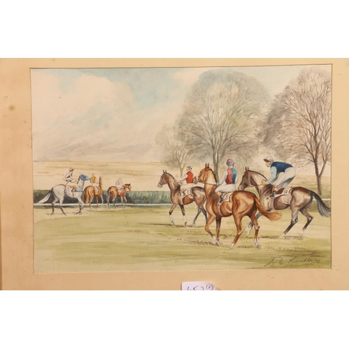 452 - D KIRKLEY, jockeys and racehorses, watercolour, signed and dated 1970 lower right, 22cm x 32cm, fram... 