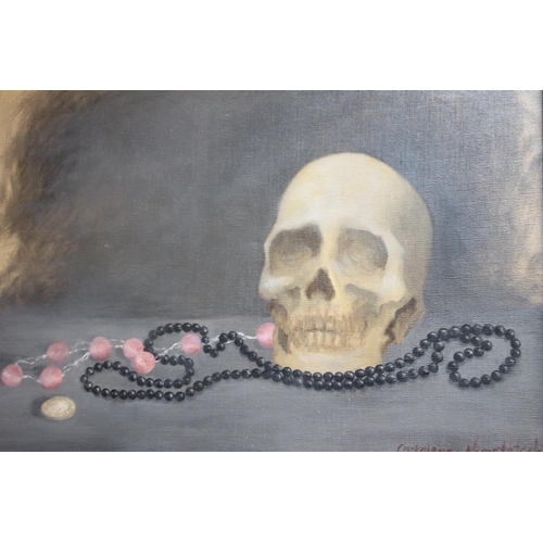 432 - NATASHA KIMSTATSCH, Corkaigne, still life skull, bead necklace and £1 coin, oil painting on ca... 