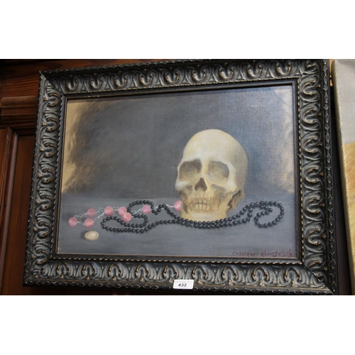 432 - NATASHA KIMSTATSCH, Corkaigne, still life skull, bead necklace and £1 coin, oil painting on ca... 