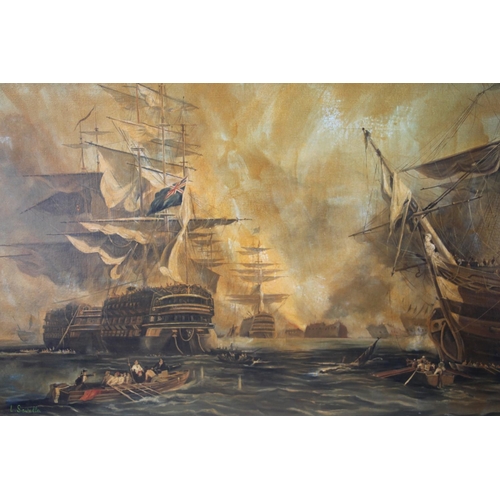 436 - LOUIS SAVELLA, Battle of Malta Valetta, oil painting on canvas, signed lower left, 60cm x 90cm, fram... 