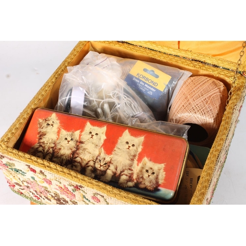 209 - Box sewing stool containing sewing accessories, spools, etc.