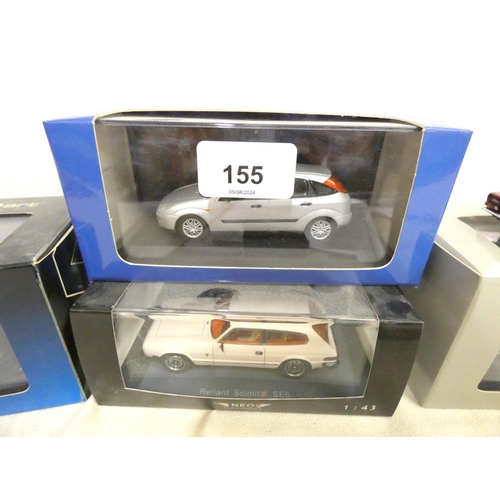 155 - Various boxed diecast cars including Ford Focus, Scimitar, BMW.