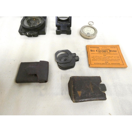 174 - Small box of various including military compass, camera exposure meter etc.