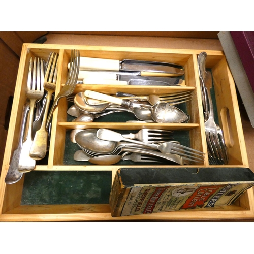 179 - Large box of EPNS and bone handled cutlery and place mats.