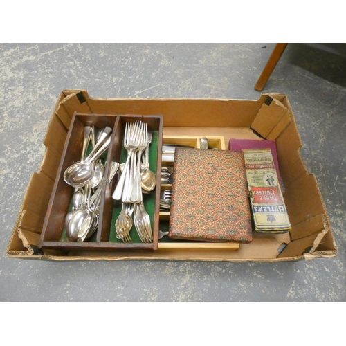 179 - Large box of EPNS and bone handled cutlery and place mats.