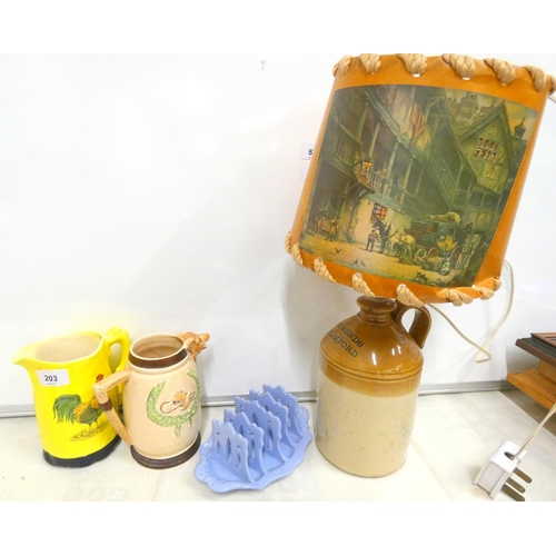 203 - KSP hunting scene jug, stoneware lamp, toast rack etc.