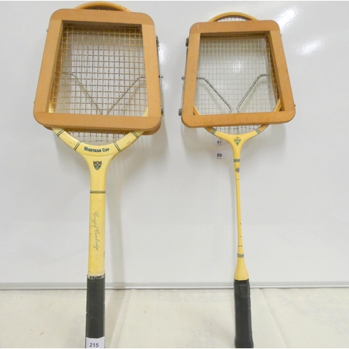 215 - Two vintage Grays of Cambridge rackets in presses including Wightman Cup.