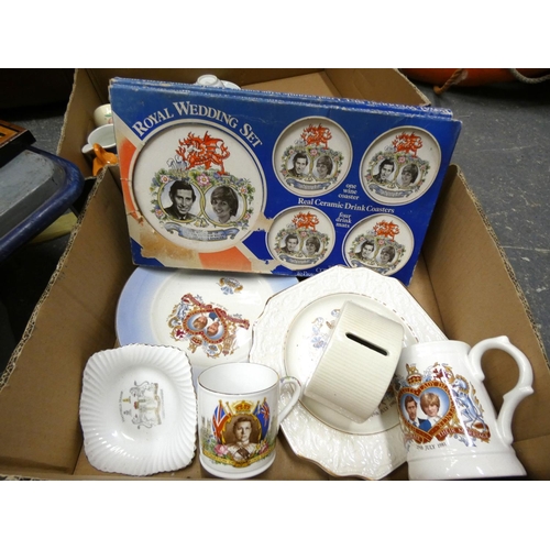 257 - Large box of commemorative ware to include Queen, Prince Charles etc.