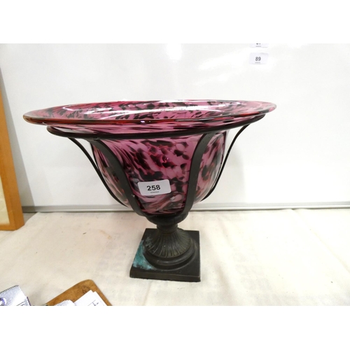 258 - Large art glass bowl table centerpiece with bronze base.