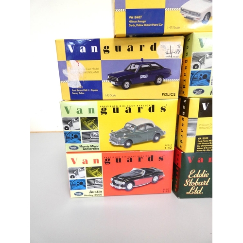 126 - Seven boxed Vanguards 1:43 scale model vehicles to include Austin Healey 3000 VA05102, Morris Minor ... 