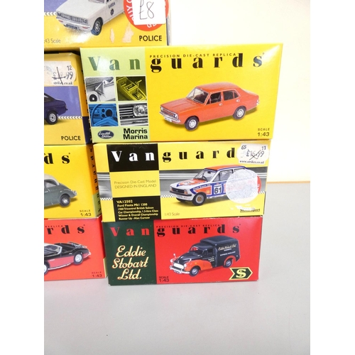 126 - Seven boxed Vanguards 1:43 scale model vehicles to include Austin Healey 3000 VA05102, Morris Minor ... 