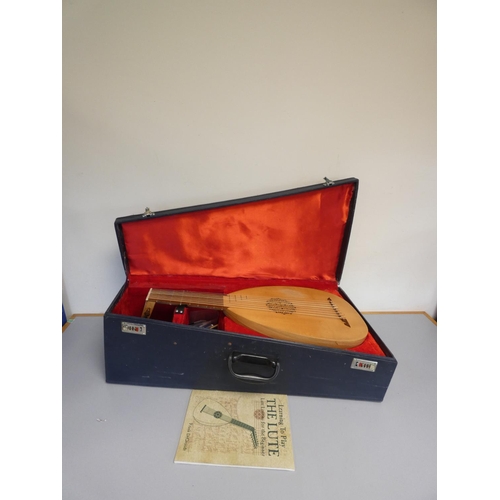 427 - Contemporary bowlback lute with pierced soundhole, gut strings and frets in fitted hard case.