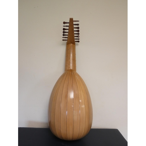 427 - Contemporary bowlback lute with pierced soundhole, gut strings and frets in fitted hard case.