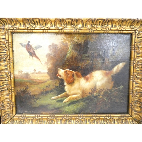 253 - Robert Cleminson (Scottish 1864-1903)Gun Dogs chasing pheasantsPair of oils on canvas.Signed R. Clem... 