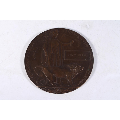 1180 - Medal of James Millar comprising WWI death plaque [JAMES MILLAR].