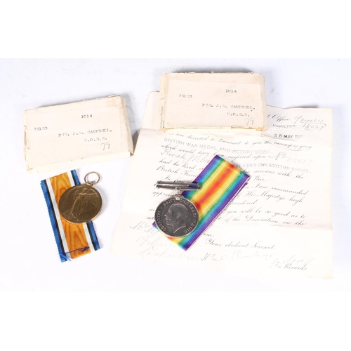 1389 - Medals of 25123 Private J N Campbell of the Kings Own Scottish Borderers comprising WWI war medal an... 