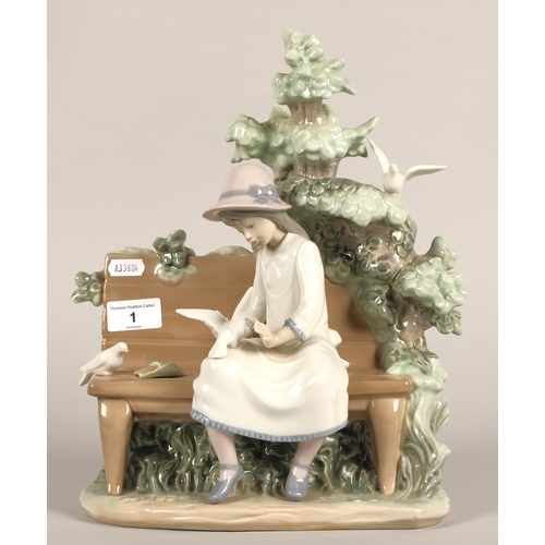 1 - Nao figurine girl on bench with birds, 33cm h.