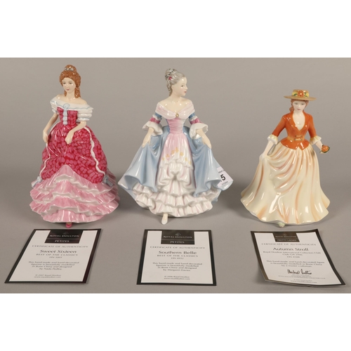 15 - Three Royal Doulton figurines including Autumn Stroll HN4588, Southern Belle HN4932, and Sweet Sixte... 