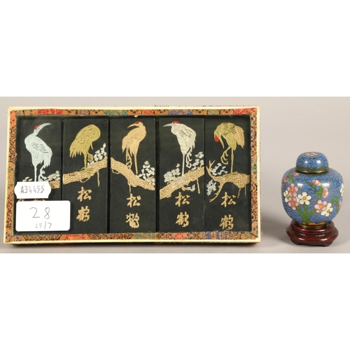 28 - Set of Chinese ink sticks in box decorated with birds, and a miniature cloisonne ginger jar on stand