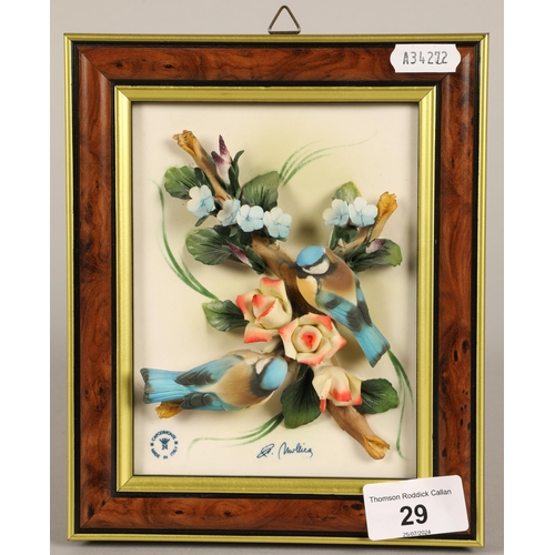 29 - Capodimonte framed porcelain relief of birds on a branch, 20cm x 16cm including frame