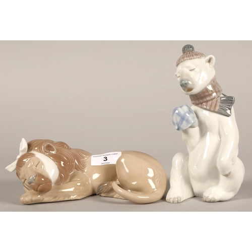 3 - Two Lladro animals, sleeping lion and a sad polar bear