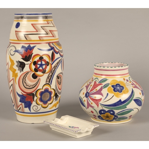 36 - Poole Pottery vases one in the Art Deco style GB pattern 28cm h, one in the GK pattern 14cm h, and a... 