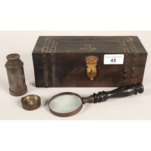 45 - Nautical tools in fitted case including eyeglass, magnifying glass, egg timer, and compass