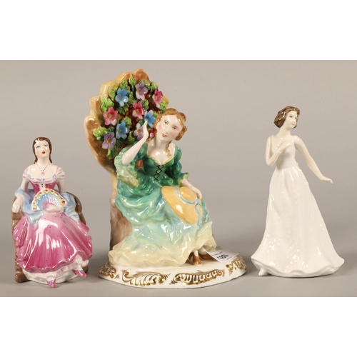 180 - A Staffordshire figure of a lady on a floral throne, a Royal Doulton figure Cherish HN4442 and a Coa... 