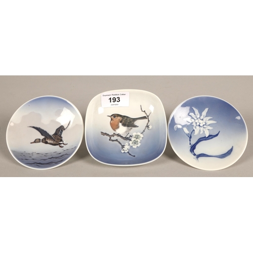 193 - Three Royal Copenhagen Denmark pin dishes with duck, robin, and floral designs