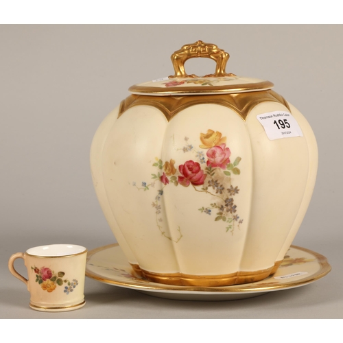 195 - Royal Worcester blush ware plate, lidded jar, and miniature cup