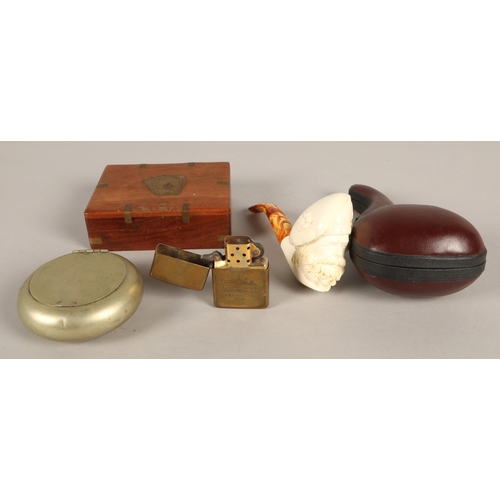 204 - Meerschaum pipe in fitted case, a brass Zippo lighter USS Simon Lake AS-33 engraving, a wooden box w... 