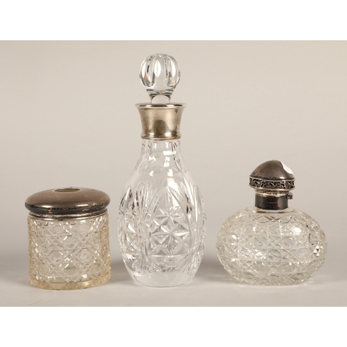 213 - Small cut glass decanter with silver neck hallmarked Barker Ellis Silver Co. Birmingham 1990 and two... 