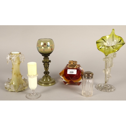 220 - Assorted glassware including continental / bohemian style vases, a green wine goblet, silver topped ... 