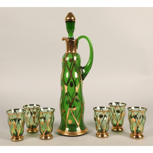 246 - Green & gold glass decanter with six glasses