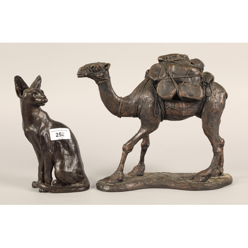 252 - Camel and cat bronzed resin figures