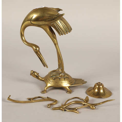 257 - Oriental style brass heron and turtle figure / candle stick