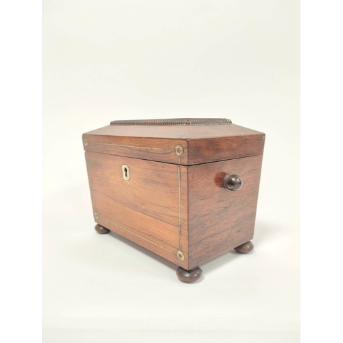 323 - Early 19th century rosewood tea caddy, with mother of pearl inlay and escutcheon, enclosing twin cov... 