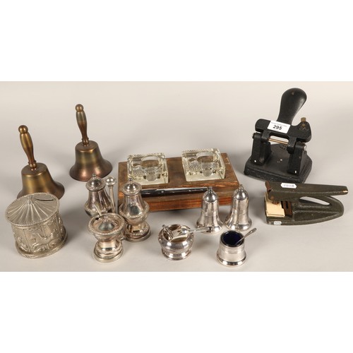 295 - Inkstand, cruet set, mustard pot, vintage holepunch, etc