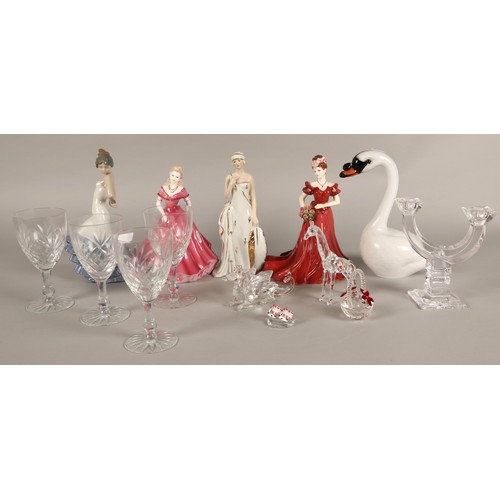 293 - A Langham glass swan, two Coalport lady figures, Nao lady figure, crystal wine glasses, etc