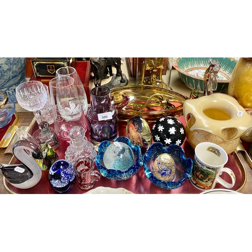 309 - Caithness Glass paperweights, art glass dishes and other art glass items, decorative glazed vase, et... 