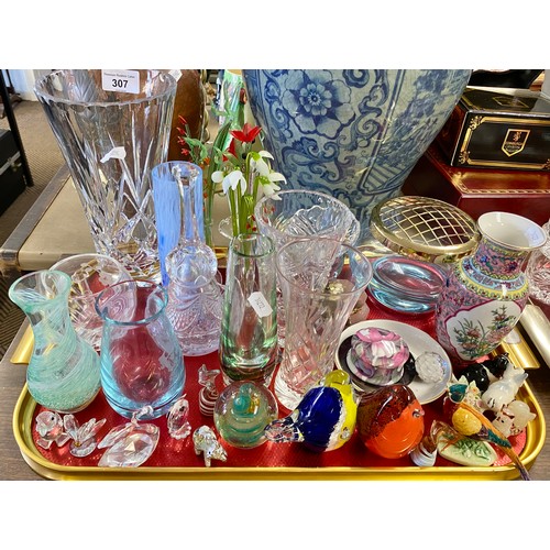 307 - Small Caithness Glass & paperweight, crystal glass vases, small Oriental-style baluster vase, et... 