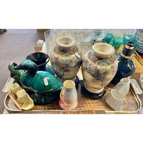 304 - Pair Satsuma-style vases on stands, Blue Mountain Pottery items, small lustre vase, etc