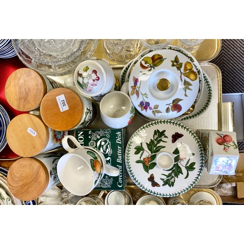 302 - Quantity of mostly Portmerion items to include plates, dish and cover, mantel clock, teacups, etc