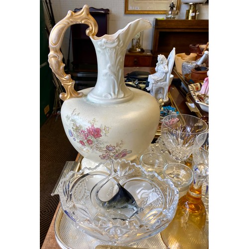 287 - Large floral decorated ewer, assorted glassware to include crystal wine glasses, polar bear ornament... 