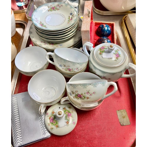 280 - Floral decorated Japanese lithophane part tea service, silver plated cigarette case & pair Chine... 