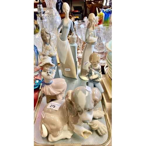 279 - Five assorted Nao figures & Lladro dog figure (broken)