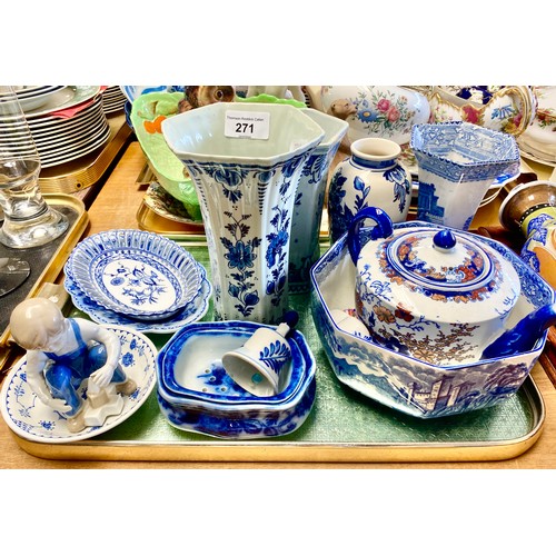 271 - Delft blue and white vases, Ridgways floral teapot, other assorted ceramics