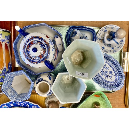 271 - Delft blue and white vases, Ridgways floral teapot, other assorted ceramics