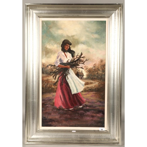 383 - B ChennellPeasant woman collecting sticksSigned bottom right, oil on canvas75cm x 44cm... 